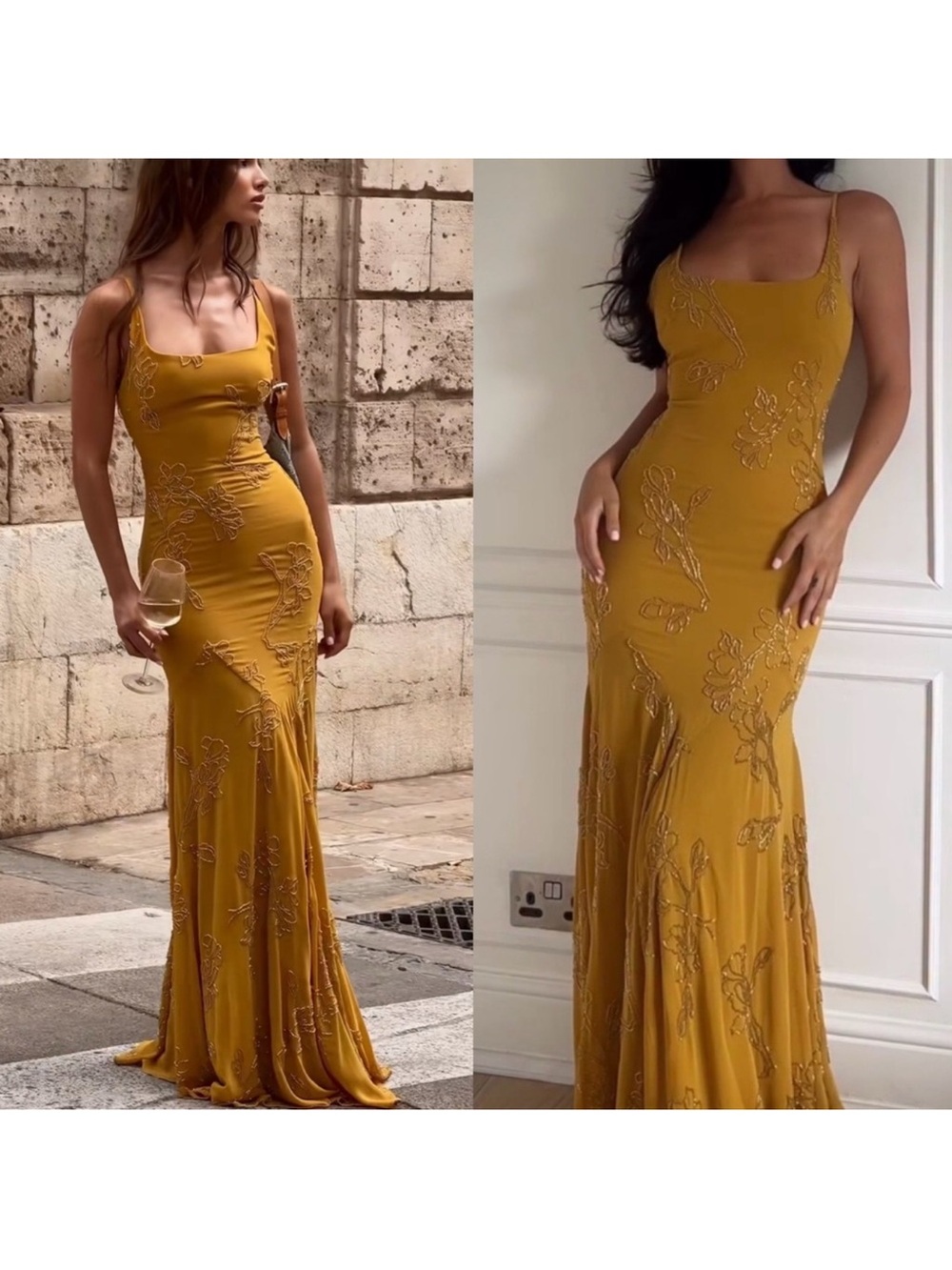 In Search of House of CB Mustard Yellow Embroidered Maxi Dress